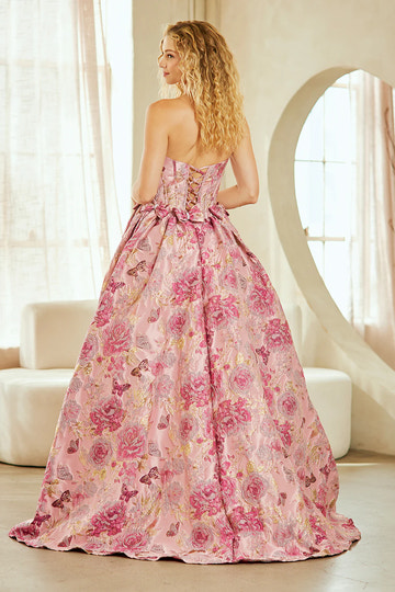 Elegante vestido de fiesta de corte A sin tirantes, brocado, hasta el suelo, con detalle de lazo, para graduación/fiesta formal