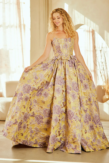 Elegant A-line Ball Gown Strapless Brocade Floor-Length Bow Detail Formal Prom Dress