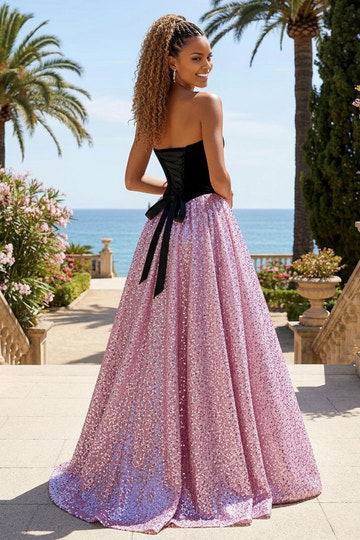 A-line Princess Ball Gown Sweetheart Neck Sequin Floor Length Corset Back Maxi Dress