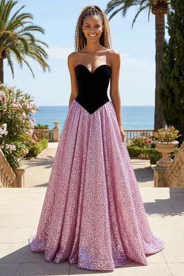 A-line Princess Ball Gown Sweetheart Neck Sequin Floor Length Corset Back Maxi Dress