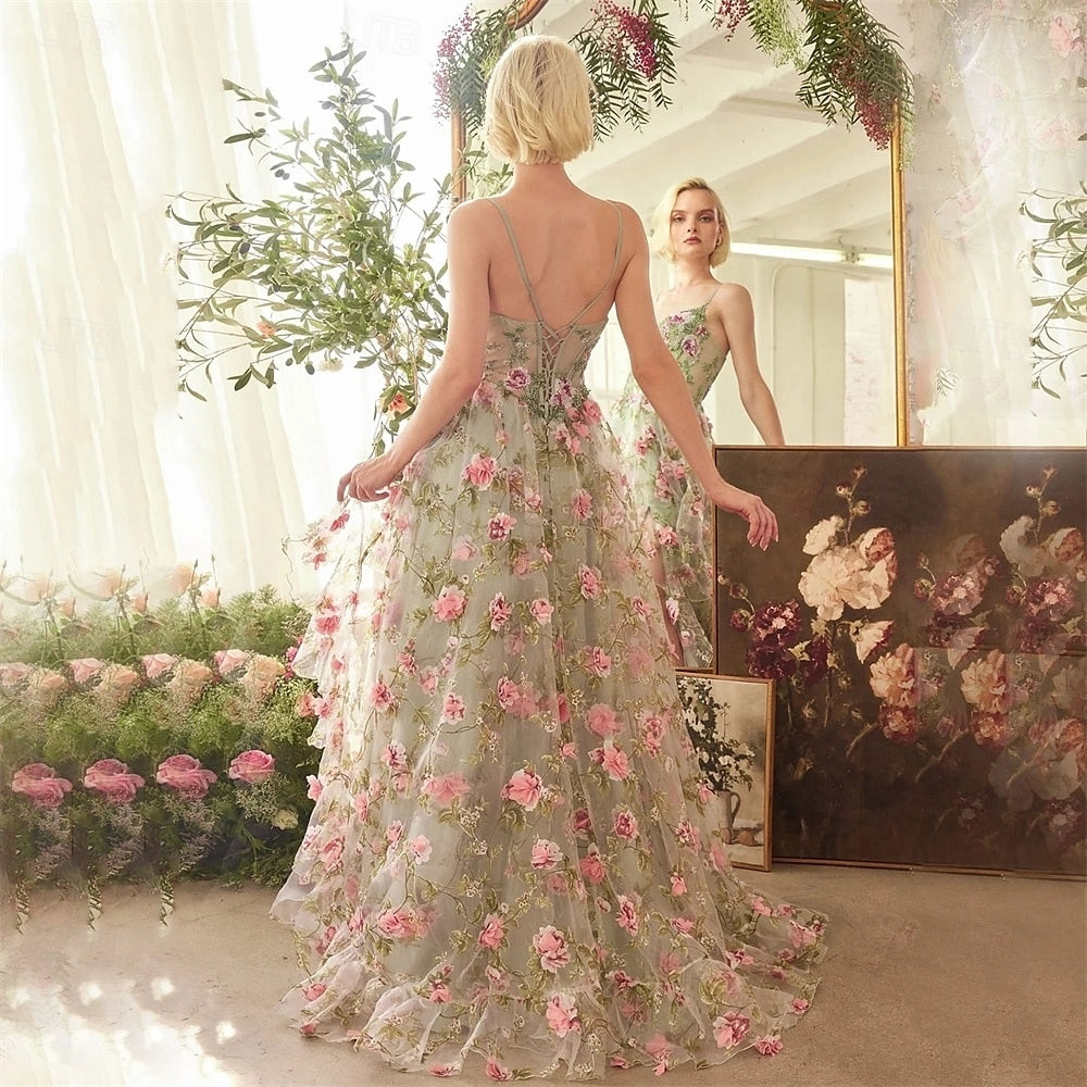 Back view Vedress corset lace up back floral tulle floor length prom gown formal dress