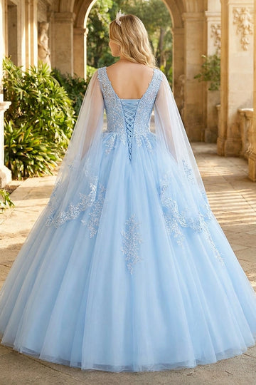 Vedress lace up back blue tulle prom dress floral applique ball gown back view garden archway