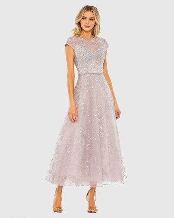 Beaded Cap-Sleeve Illusion-Neck A-Line Tea-Length Wedding Guest Dress
