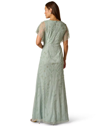 Beaded Floral Wrap V-Neck Flutter Sleeves Mother of the Bride Dress High-Low Evening Gown