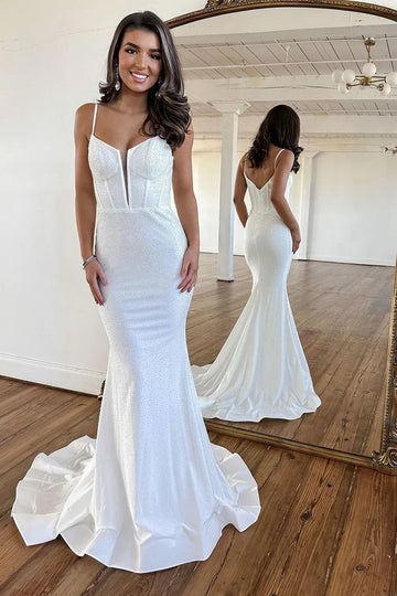 Beaded Mermaid Plunging V-Neck Spaghetti-Strap Prom Dress Sweep-Train Evening Gown