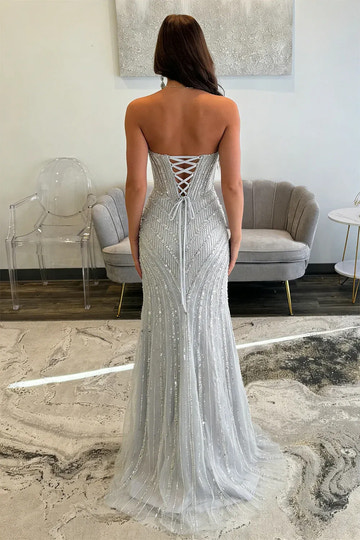 Beaded Mermaid Strapless Sweetheart Tulle Floor-Length Lace-Up Evening Dress