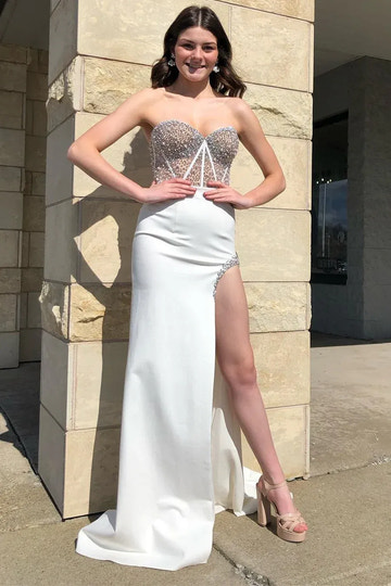 Beaded Satin Mermaid Sweetheart Strapless Backless Floor-Length Prom Gown