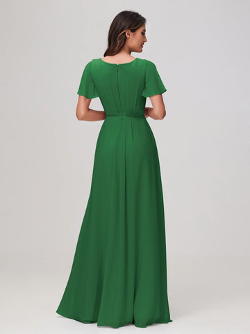 Boat Neck Flutter Sleeve Chiffon A-Line Bridesmaid Maxi Dress with Waist Tie & Pockets