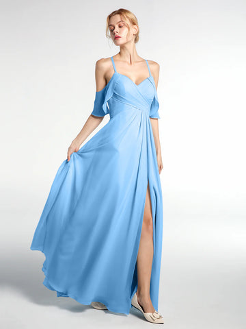 Blue chiffon bridesmaid dress with V-neck crossover bodice, spaghetti straps, cold shoulder ruffle sleeves, A-line skirt, and front slit by Vedress