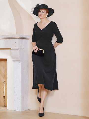 Royal Blue V-Neck 3/4 Sleeve Ruched Waist Midi Dress for Mother of the Bride and Wedding Guest Events