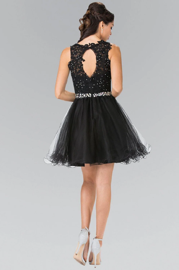 Elegant Lace Applique Tulle Scoop Neck Sleeveless Open Back Short Formal A Line Short Cocktail Dress