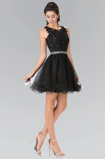 Elegant Lace Applique Tulle Scoop Neck Sleeveless Open Back Short Formal A Line Short Cocktail Dress