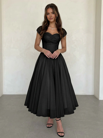Elegant Chiffon A-Line Sweetheart Cap Sleeve Midi Wedding Dress Cocktail Dresses Tea-Length Graduation Dress
