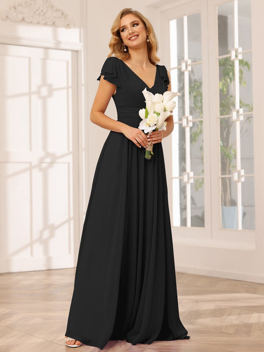 A-Line/Princess V-Neck Chiffon Short Sleeves Long Bridesmaid Dresses with Ruffles