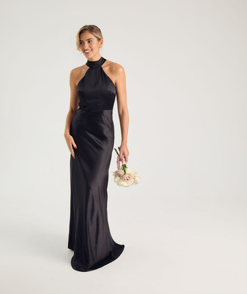 Halter Neck Satin Bridesmaid Dress Satin Column Gown with Keyhole Cutout Bohemian Wedding Evening Gown
