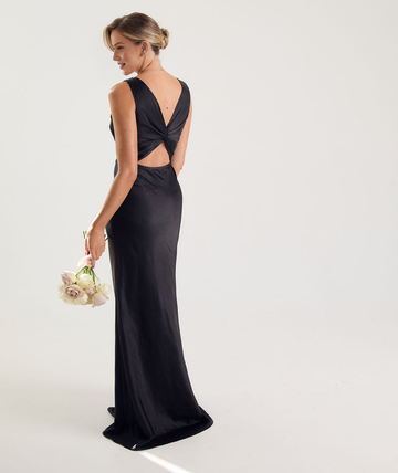 Women's Formal Satin Evening Gown with Deep V-Neckline Elegant Satin Wedding Guest Bridesmaid Dresses Maxi Dress