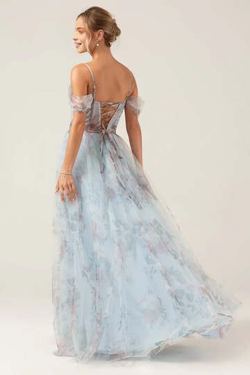 Cold Shoulder A-Line Off Shoulder Floral Tulle Corset High Slit Prom Dress