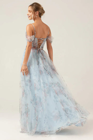 Cold Shoulder A-Line Off Shoulder Floral Tulle Corset High Slit Prom Dress
