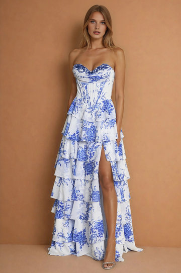 Elegante Vestido Largo de Fiesta y Noche con Corsé, Espalda Abierta, sin Tirantes, Escote Corazón, Floral y con Volantes