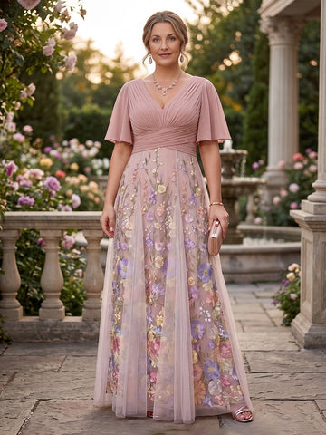 Vedress blush a line v neck floral embroidery mother of the bride dress front and back view