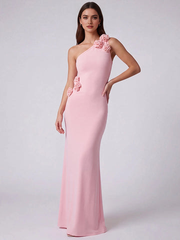 Vedress blush bridesmaid dress,front view one‑shoulder neckline,hand‑sewn 3D fabric floral appliques on shoulder and waist,form‑fitting mermaid long skirt,plain light‑gray studio background