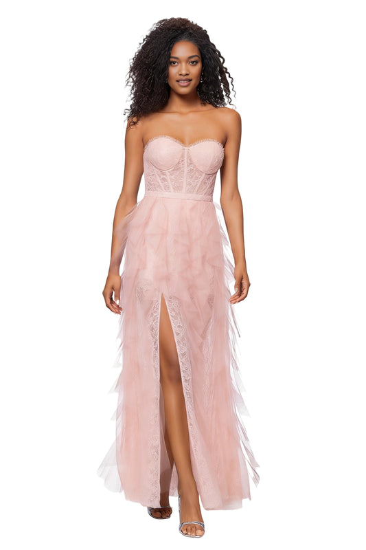 Women's Strapless Corset Bodice Gown with Layered Tulle Skirt and High Slit Evening Gown