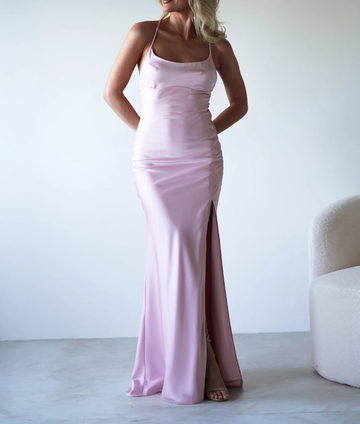 Women's Mermaid Satin Spaghetti Strap Maxi Party Wedding Guest Dresses Bridesmaid Dresses with High Slit