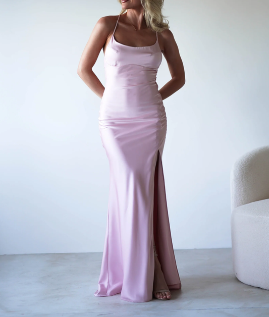 Women's Mermaid Satin Spaghetti Strap Maxi Party Wedding Guest Dresses Bridesmaid Dresses with High Slit