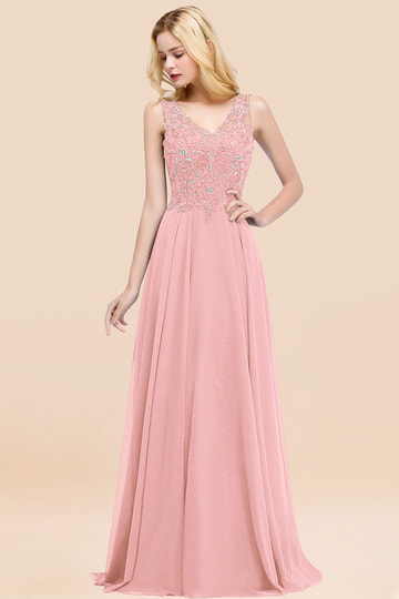 A-line V Neck Sleeveless Chiffon Applique Lace Floor Length Bridesmaid Dresses