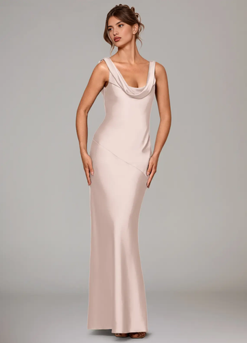 Elegant Mermaid Satin Cowl Neck Long Sleeveless Bridesmaid Dresses with Low Back Detail Evening Gown
