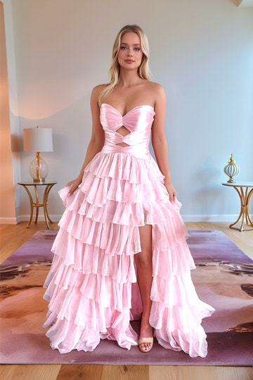 A line Tiered Keyhole Strapless Sweetheart Long Prom Dress Chiffon High Slit Formal Evening Dress