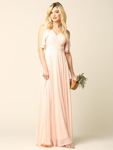 Women's V-Neck Chiffon Flutter Sleeve Ruffle Maxi Dress Long Formal Bridesmaids Dress