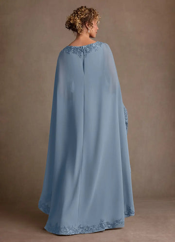 Elegant Sheath Boat Neck Chiffon Maxi Cape Sleeve Formal Mother of the Bride Dress