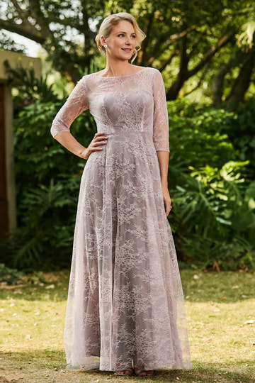 Illusion Neck Three-Quarter Sleeve Lace Wedding Guest Dress A-Line Formal Gown