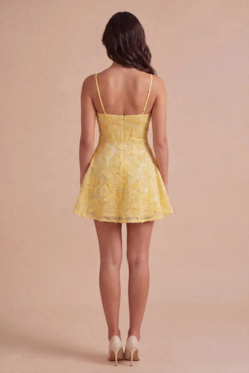 Vedress yellow spaghetti strap homecoming dress, 3D floral fabric, v‑neck low‑back a‑line short cocktail gown