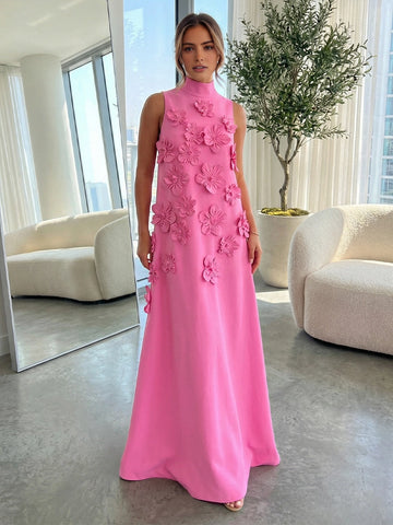 Vedress bright pink 3d floral sleeveless high neck wedding guest dress front view