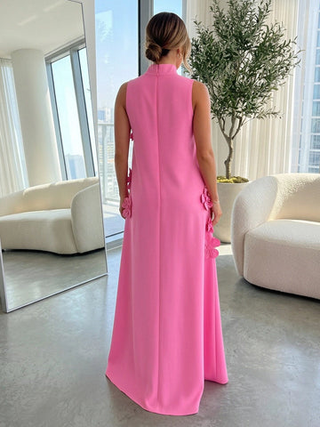 Vedress zipper‑back 3D flower pink a‑line long wedding guest gown rear view