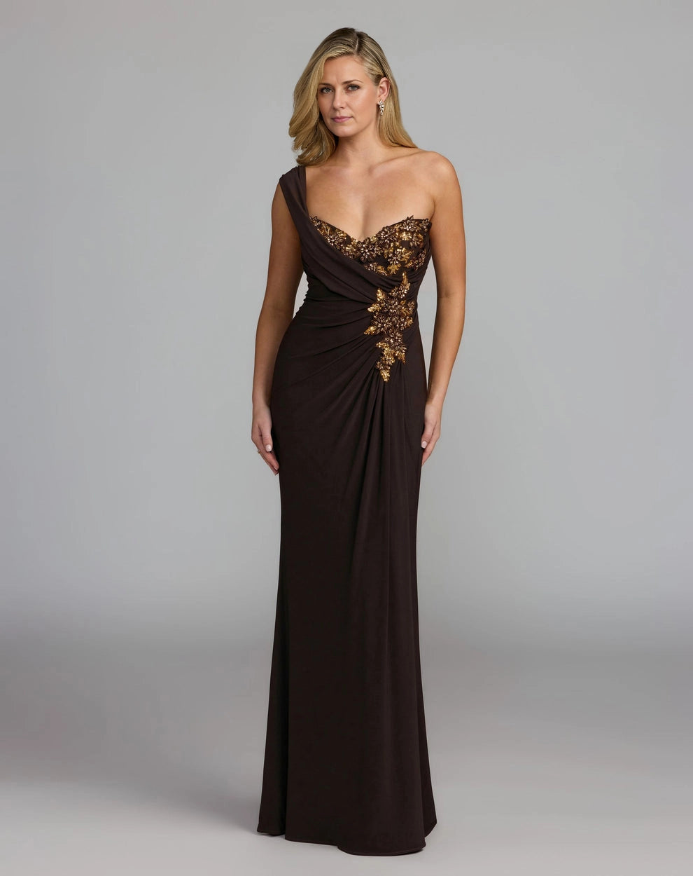 Vedress brown sheath mother of the bride dress one shoulder with gold beading and draped open back