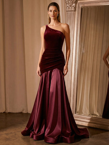 Vedress burgundy mother of the bride dress,front view one‑shoulder ruched velvet bodice,glossy satin mermaid floor skirt with small train,luxury studio background