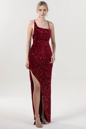 Sleek Sheath Cowl Neck Sleeveless Velvet Sequin Ruched Slit Evening Dress