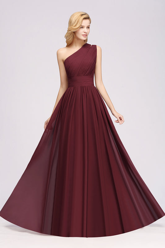 A-Line Burgundy One Shoulder Sleeveless Ruffles Chiffon Floor-Length Bridesmaid Dresses With Ruched Gown