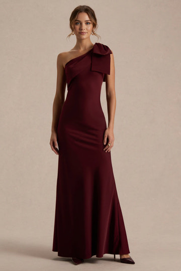 Trumpet/Mermaid One-Shoulder Satin Crepe Wedding Guest Dresses Bowknot Ankle-Length Sleeveless Bridesmaid Dress