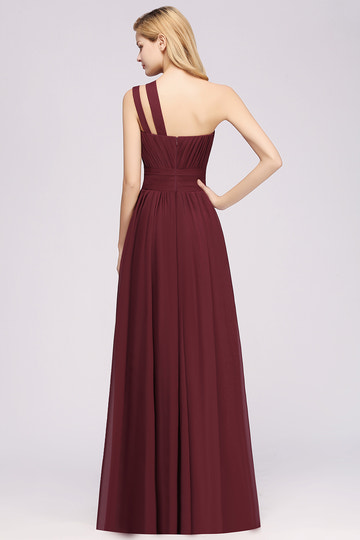 A-Line Burgundy One Shoulder Sleeveless Ruffles Chiffon Floor-Length Bridesmaid Dresses With Ruched Gown