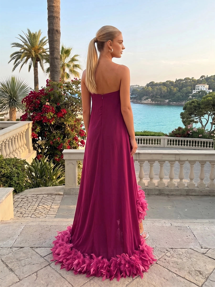 Vedress simple low‑back strapless burgundy long feather‑trim wedding guest dress back view