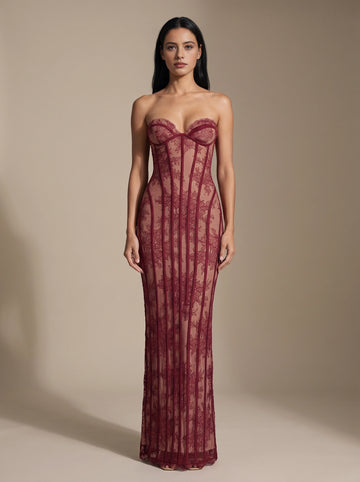 Vedress burgundy prom dress,front view strapless sweetheart neckline,sheer floral lace with boning details,mermaid floor‑length silhouette,plain neutral studio background
