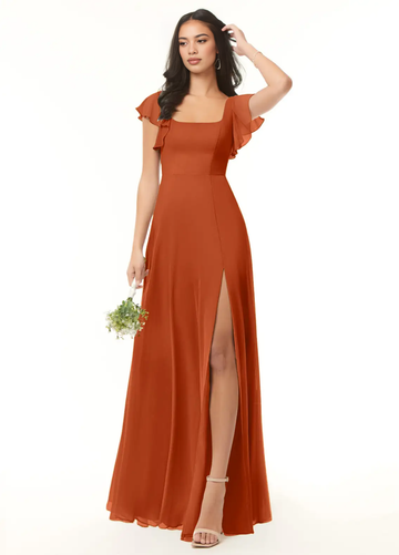 Elegant Square Neck Flutter Sleeve Maxi Dress with High Side Slit A-Line Formal Gown Bridesmaid Dresses
