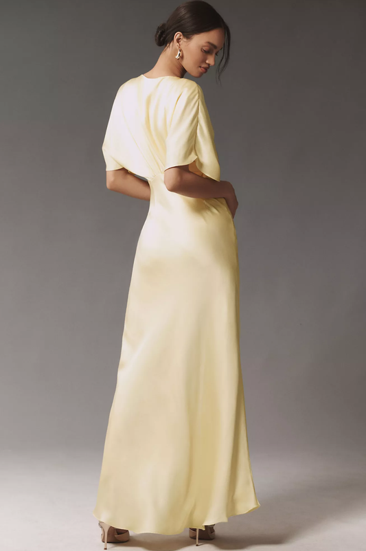 Women's Elegant V-Neck Satin Charmeuse Maxi Dress Short Sleeves Party Wedding Guest Bridesmaid Dresses