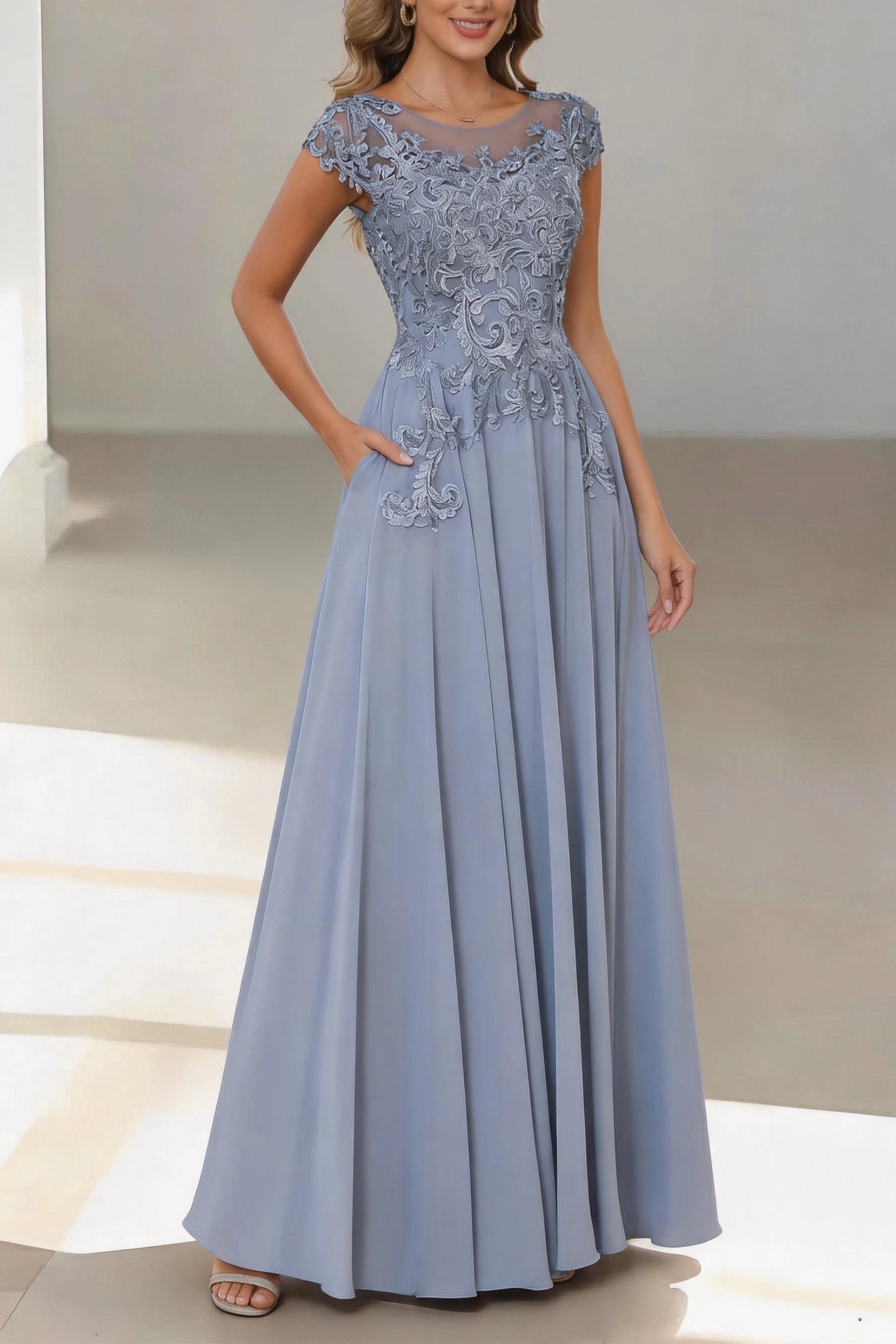Vedress dusty blue lace chiffon floor mother of the bride dress bateau cap sleeve with side pockets for church wedding Ascot race day