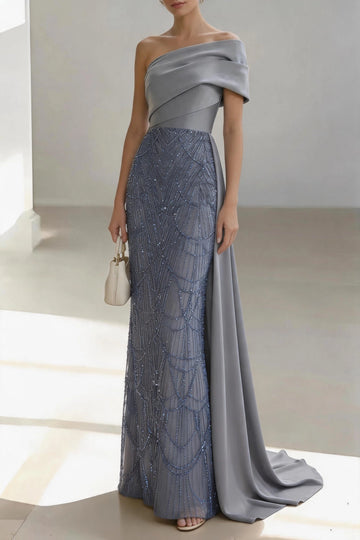 Vedress silver gray satin beaded mermaid mother of the bride dress one shoulder draped sleeve floor gown for evening wedding formal gala