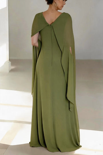 Flowy A-Line Cowl Cape Sleeve Zip Back Floor Length Mother Of The Bride Dress